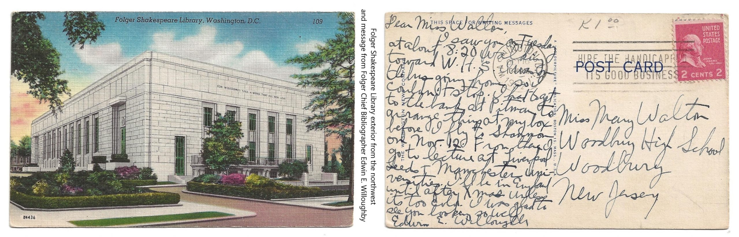 Front and back of a postcard depicting the Folger with writing