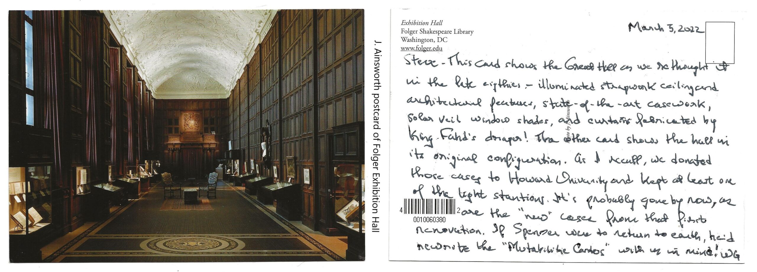 a composite image of two sides of a postcard, one side with a image of the Great Hall at the Folger and the other with a handwritten note