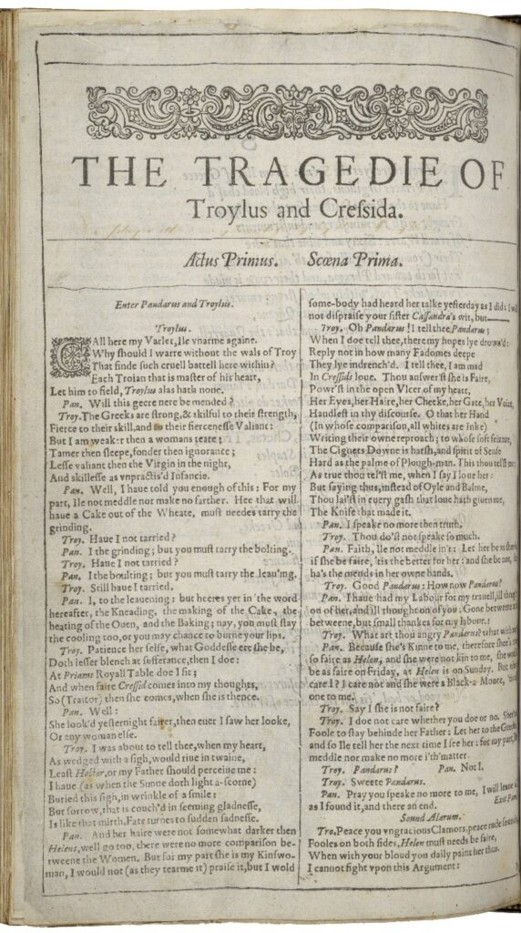 First page of Troilus and Cressida, from the 1623 First Folio