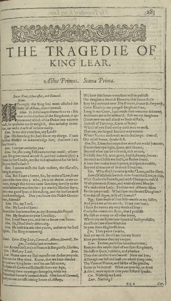 First page of King Lear from the 1623 First Folio