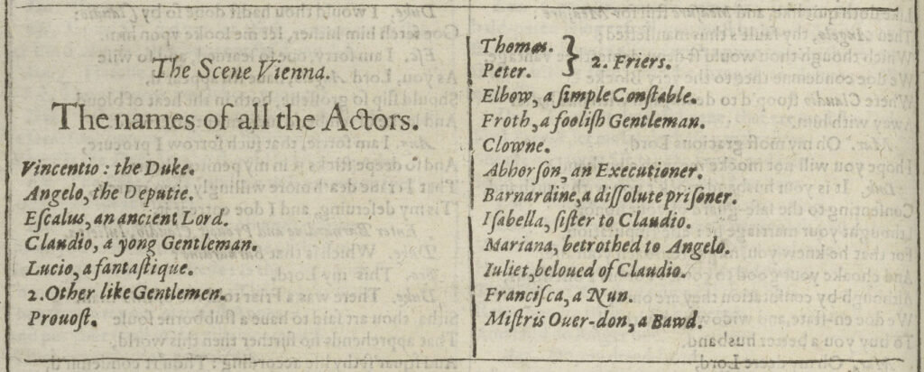The names of all the Actors. From the 1623 First Folio.