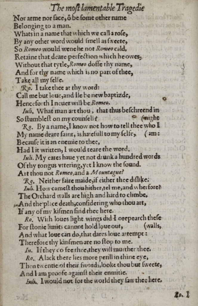 From the 1599 Second Quarto of Romeo and Juliet. From the Folger Shakespeare Library collection.