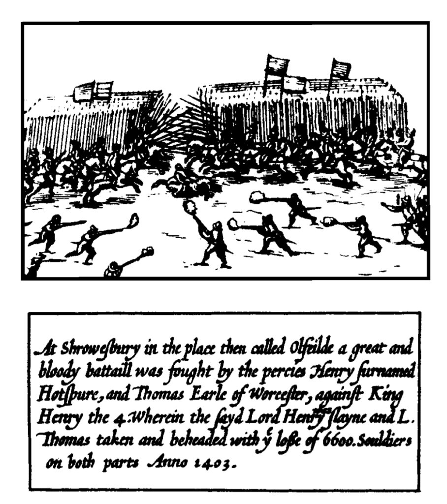 The battle of Shrewsbury. From John Speed, A prospect of the most famous part of the world (1631).